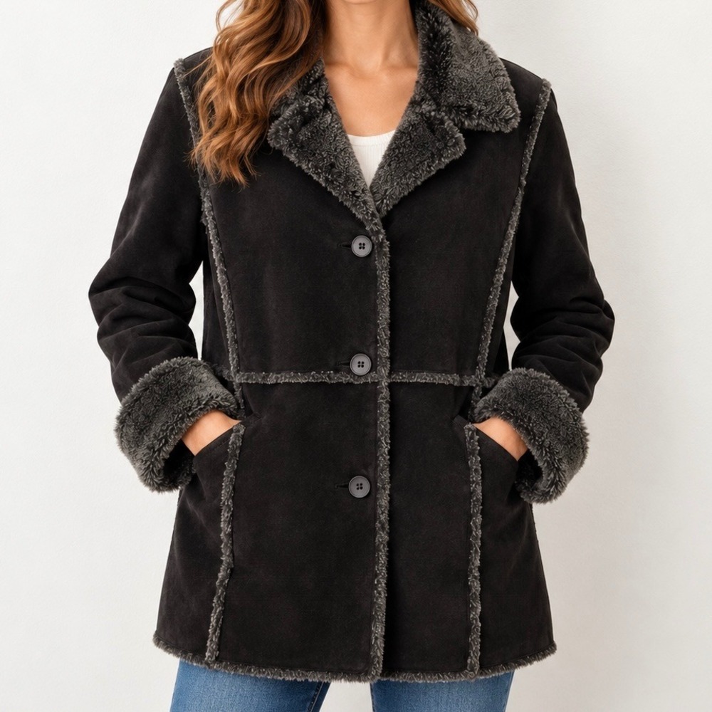 Bernardo Womens Black Genuine Leather Suede Faux Fur Trim Coat Jacket Large
